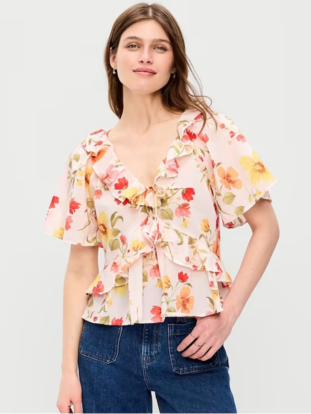 NWT Old Navy Floral Ruffle Tie-Front V-Neck Blouse, Size XXL Tall